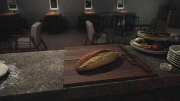 CGI Freshly baked bread displayed in a cozy dining area during evening hours video