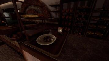 CGI Freshly baked goods on display in a rustic bakery setting video