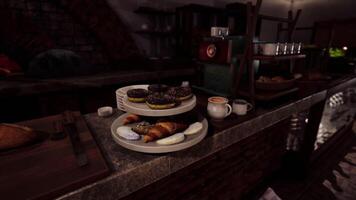 CGI Pastries and coffee on a rustic counter in a cozy cafe video