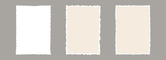 Torn paper frame backgrounds. Beige and white blank sheet wallpapers with jagged edges. Ripped grunge element bundle for poster, text box, banner, collage, sticker. Rectangle craft backdrops vector