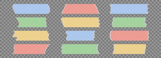 Colored adhesive tapes collection. Torn duct tape pieces set. strip. Plastic scotch stripes with torn jagged edges. Sticky masking paper for package wrap, blank tag, label, sticker, decoration vector