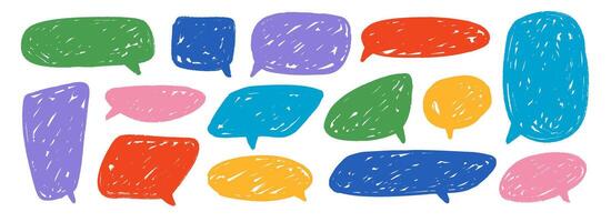 Colored hand drawn speech bubble collection. Scribbled textured dialog box set. Crayon doodled comic talk frames. Red, yellow, green balloon text box bundle. Bright sketched chat boxes pack. vector