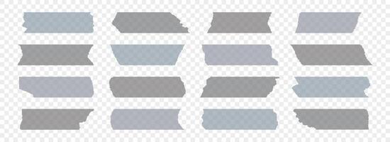 Grey adhesive tapes collection. Torn duct tape pieces set. strip. Plastic scotch stripes with torn jagged edges. Sticky masking paper for package wrap, blank tag, label, sticker, decoration. vector