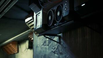 CGI Air conditioning unit mounted on wall of industrial space with dim lighting video