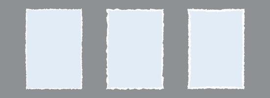 Torn paper frame backgrounds. Light blue blank sheet wallpapers with jagged edges. Ripped grunge element bundle for poster, text box, banner, collage, sticker. Rectangle craft backdrops vector