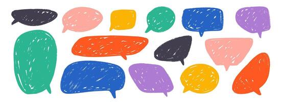 Colored hand drawn speech bubble collection. Scribbled textured dialog box set. Crayon doodled comic talk frames. Red, yellow, blue balloon text box bundle. Bright sketched chat boxes pack. vector