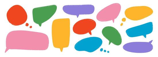 Colored hand drawn speech bubble collection. Doodled dialog box set. Scribbled textured marker comic talk frames. Red, blue, green, pink balloon text box bundle. Bright sketched chat box pack. vector