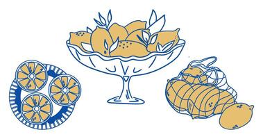 Hand drawn sketch style lemons set. Whole and sliced citrus fruit. Lemon in vase. Italian. vector