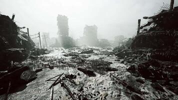 CGI Desolate landscape of crumbling buildings in a post apocalyptic environment video