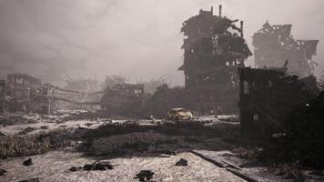 CGI Desolate urban landscape with ruined buildings and abandoned vehicle at dusk video