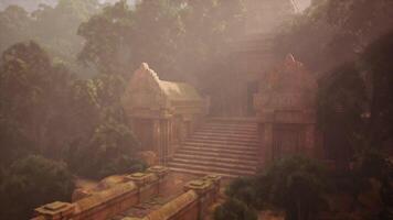 CGI Ancient temple ruins nestled in dense jungle under soft golden light video