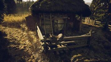CGI Rustic farmstead with thatched roof in rural landscape during daylight video