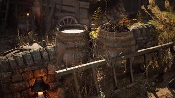 CGI Old barrels filled with materials sit in a rustic outdoor setting with steam video
