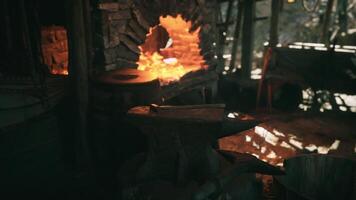 CGI Crafting tools in an old forge with glowing embers and rustic ambiance video