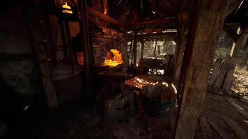 CGI Old forge interior showcasing crafting tools and glowing coals during daylight video