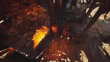 CGI Old forge with glowing fire and tools in a rustic workshop video