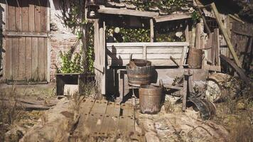 CGI Rustic wooden cart and barrels in a weathered outdoor setting video