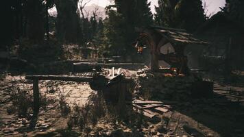CGI Rustic water well in a forest surrounded by trees and overgrown foliage video