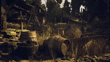 CGI Rustic landscape with wooden barrels and tools in a sunlit environment video