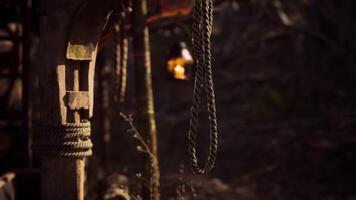 CGI Rustic outdoor lantern hanging from wooden structure in natural surroundings video