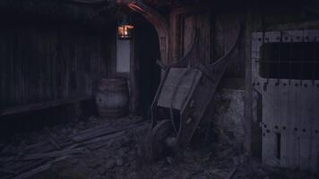 CGI Wheelbarrow and lantern in a rustic shed at dusk video