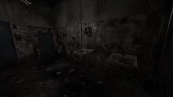 CGI Abandoned restroom with broken fixtures and dark, eerie atmosphere video