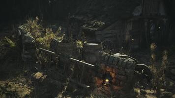 CGI Old stone wall with lantern and carts in a rural setting at dusk video