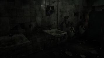 CGI Abandoned restroom with dirty sinks and grimy walls in a forgotten building video