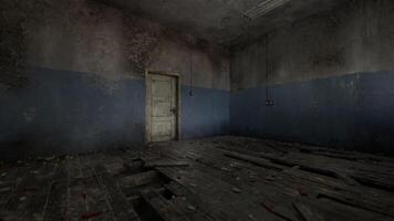 CGI Abandoned room with peeling paint, worn floor, and a single door at dusk video