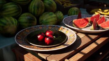 CGI Fresh fruits displayed on a wooden table at a sunny market video