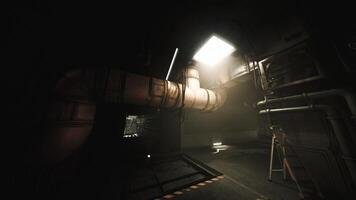 CGI Industrial corridor with pipes and overhead lighting in a dim space video