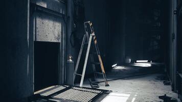 CGI Stepladder and fire extinguisher in a dimly lit industrial hallway video