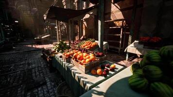 CGI Colorful fruit stalls in a vibrant market during daylight hours video