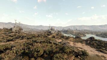 CGI Vast arid landscape with rocky formations and distant hills under clear sky video