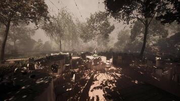 CGI Outdoor dining area surrounded by trees and soft lighting for an evening event video