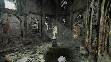 CGI Ruins of an abandoned chapel with a statue at the center and shattered windows video