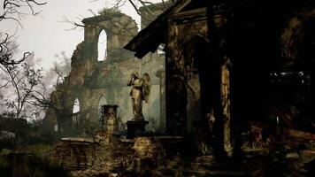 CGI Ruins of an ancient structure surrounded by overgrown vegetation in mist video