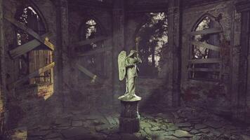 CGI Abandoned structure with a statue of an angel in a dark environment video