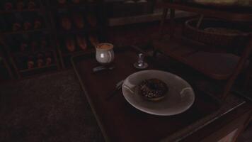 CGI Delicious donut and fragrant beverage on a rustic wooden table in a cozy cafe video