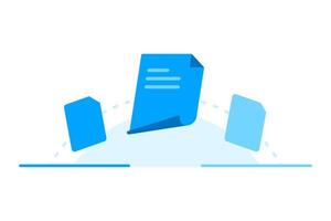 Flat illustration showing flying documents transferring from one location to another. Concept of data transfer, file sharing, data migration, cloud sync, or digital communication vector