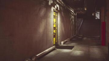 CGI Dimly lit corridor leads to a mysterious door in an underground setting video