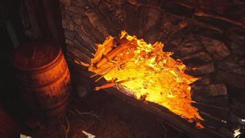 CGI Warm glow from the old forge illuminating tools and wooden barrel video