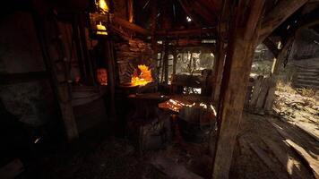CGI Old forge interior showcasing tools, fire, and rustic materials in a workshop video