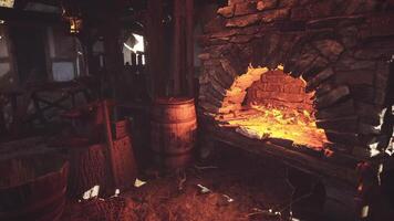 CGI Old forge burning brightly in a rustic workshop surrounded by tools video