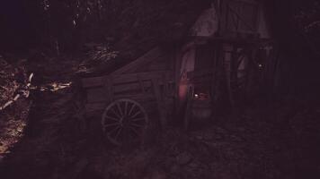 CGI Old wooden cart resting quietly in a dimly lit forest pathway video