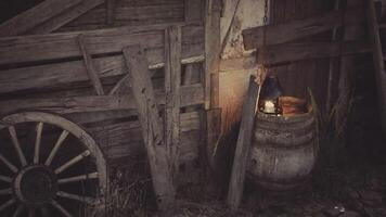 CGI Rustic wooden shed with a barrel and lantern in dim light at night video