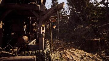 CGI Rustic wooden structure in a moody forest setting during daylight hours video