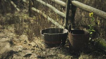 CGI Baskets and fence in a quiet rural setting with overgrown grass and flowers video
