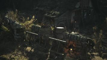 CGI Abandoned ruins with barrels and lantern in a forgotten landscape video