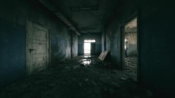 CGI Dark and abandoned hallway with debris in an empty building during daylight video